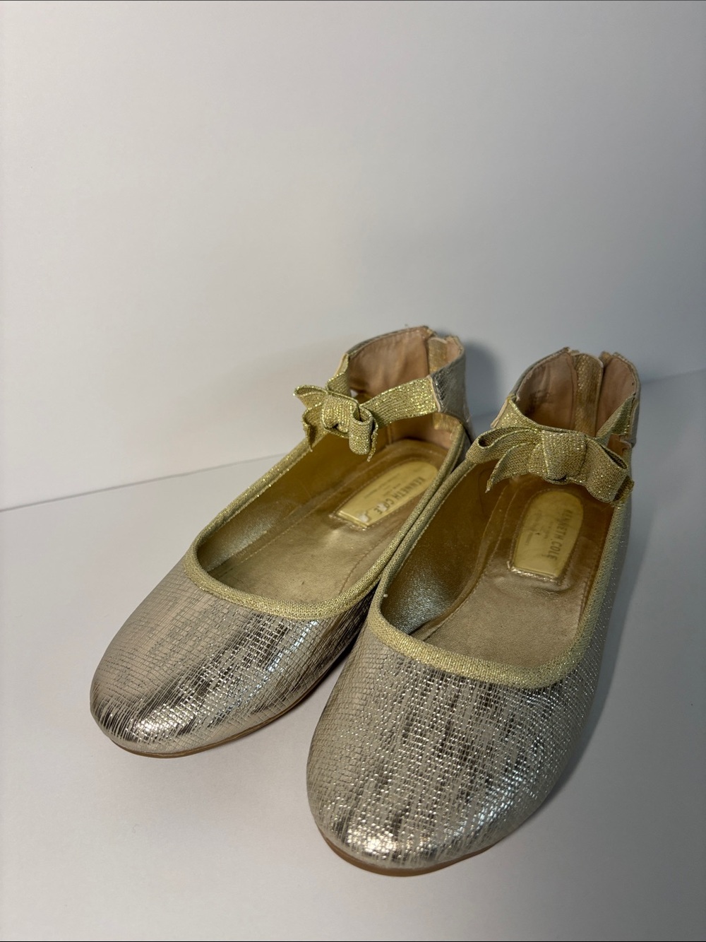Kenneth Cole Metallic Gold Bow Ankle-Strap Flats